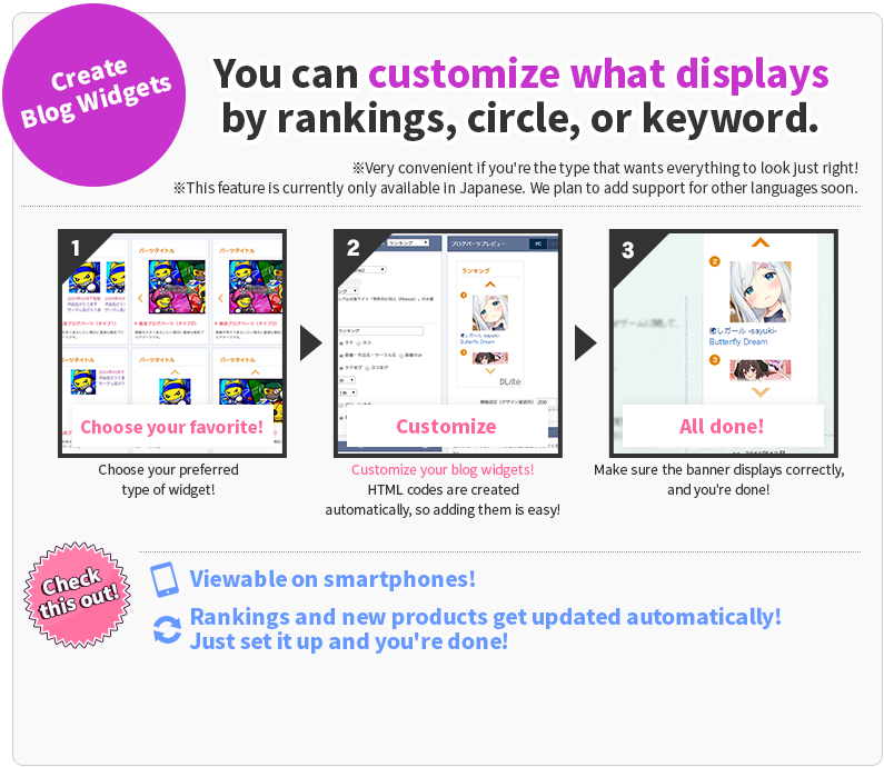 DLsite Affiliate Customize the displayed work based on ranking, circle, and keyword.